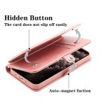 Wholesale Double Layer Card Slots Flip Wallet Case with Strap and Stand for Apple iPhone 13 Pro Max [6.7] (Rose Gold)