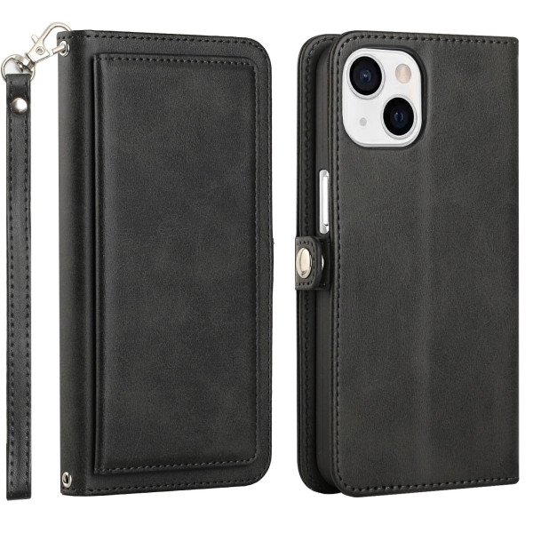 Wholesale Double Layer Card Slots Flip Wallet Case with Strap and Stand for Apple iPhone 13 [6.1] (Black)