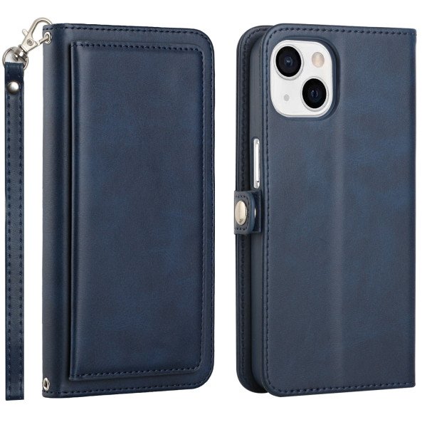 Wholesale Double Layer Card Slots Flip Wallet Case with Strap and Stand for Apple iPhone 13 [6.1] (Navy Blue)