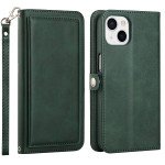 Wholesale Double Layer Card Slots Flip Wallet Case with Strap and Stand for Apple iPhone 13 [6.1] (Green)