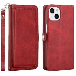 Double Layer Card Slots Flip Wallet Case with Strap and Stand for Apple iPhone 13 [6.1] (Red)