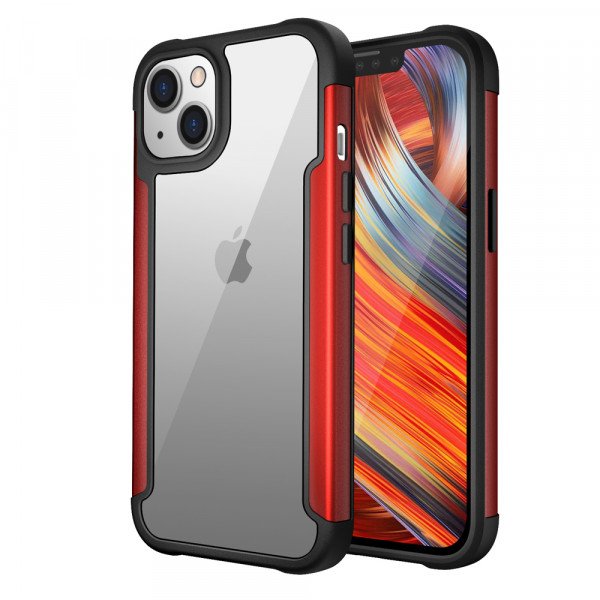 Wholesale Clear Iron Armor Hybrid Chrome Case for Apple iPhone 13 (6.1) (Red)