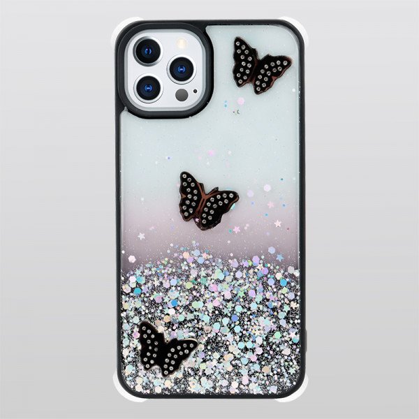 Wholesale Glitter Jewel Diamond Armor Bumper Case with Camera Lens Protection Cover for Apple iPhone 13 Pro Max [6.7] (Butterfly Black)