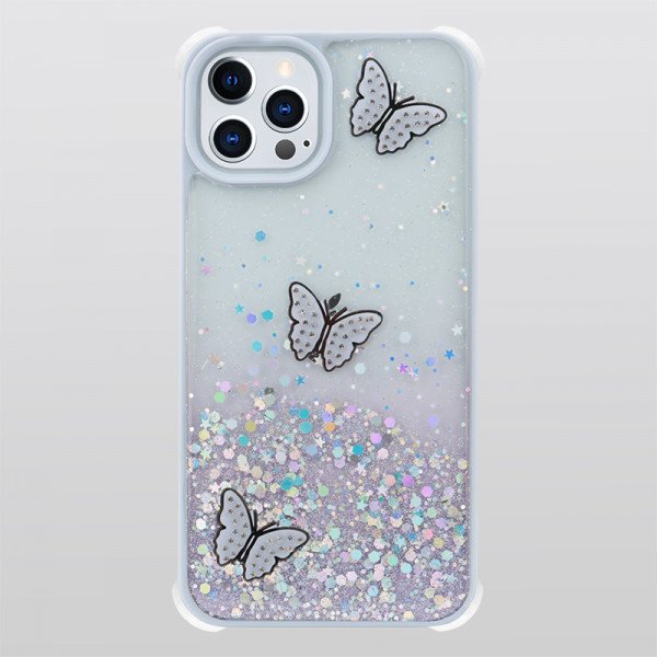 Wholesale Glitter Jewel Diamond Armor Bumper Case with Camera Lens Protection Cover for Apple iPhone 13 Pro Max [6.7] (Butterfly Purple)