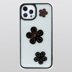 Glitter Jewel Diamond Armor Bumper Case with Camera Lens Protection Cover for Apple iPhone 13 Pro Max [6.7] (Flower Black)