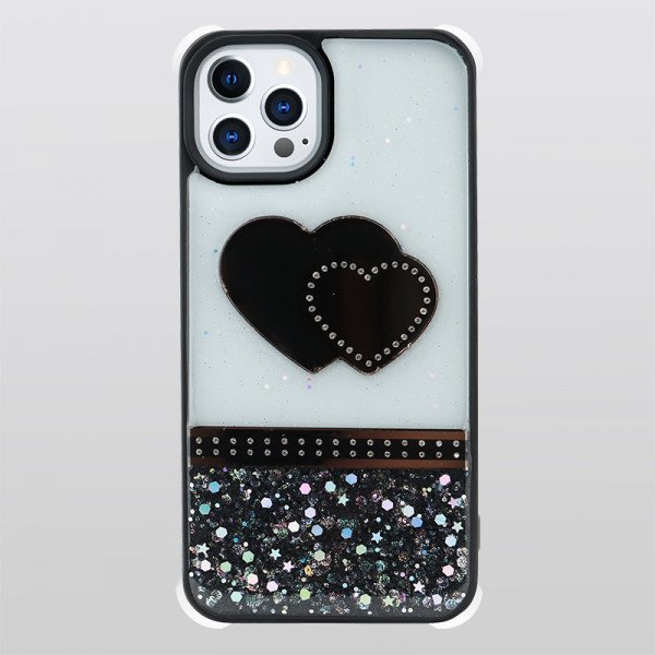 Wholesale Glitter Jewel Diamond Armor Bumper Case with Camera Lens Protection Cover for Apple iPhone 13 Pro Max [6.7] (Heart Black)