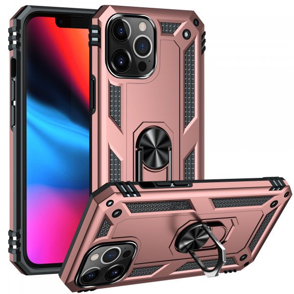 Wholesale Tech Armor Ring Stand Grip Case with Metal Plate for Apple iPhone 13 Pro (6.1) (Rose Gold)