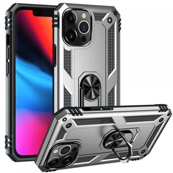 Wholesale Tech Armor Ring Stand Grip Case with Metal Plate for Apple iPhone 13 Pro (6.1) (Silver)