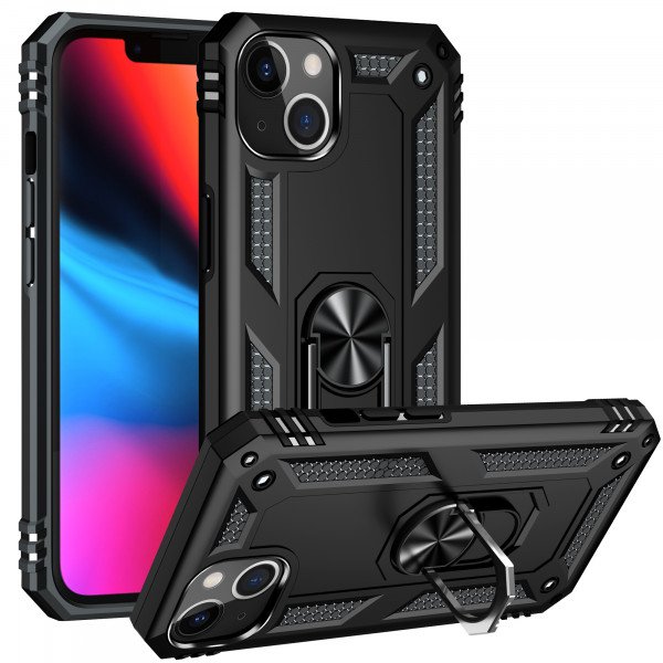 Wholesale Tech Armor Ring Stand Grip Case with Metal Plate for Apple iPhone 13 (6.1) / 16e (Black)