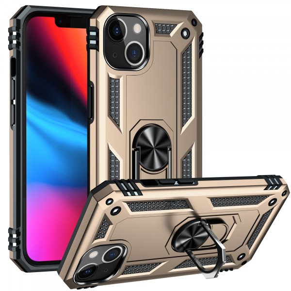 Wholesale Tech Armor Ring Stand Grip Case with Metal Plate for Apple iPhone 13 (6.1) / 16e (Gold)