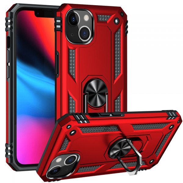 Wholesale Tech Armor Ring Stand Grip Case with Metal Plate for Apple iPhone 13 (6.1) / 16e (Red)