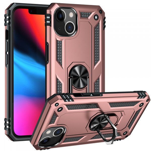 Wholesale Tech Armor Ring Stand Grip Case with Metal Plate for Apple iPhone 13 (6.1) (Rose Gold)