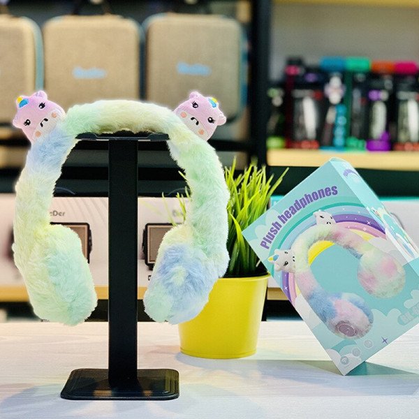 Wholesale Cute Cartoon Ear Fluffy Plush Girly Bluetooth Wireless Headphone Headset with Built in Mic BK696 for Universal Cell Phone And Bluetooth Device (Rainbow Blue)