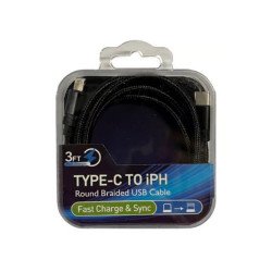 Nylon Braided Lightning to USB-C Charging & Data Cable 3.3ft with Crystal Box Case (Black)