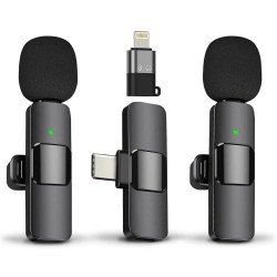 Professional Dual Mic Wireless Recording System with iPhone and Type C Adapters for Universal Cell Phone, Device and More (Black)