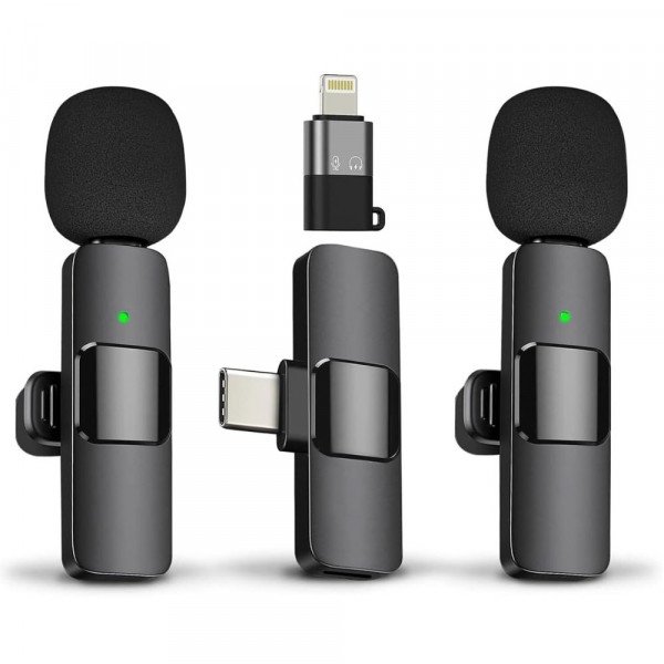 Wholesale Professional Dual Mic Wireless Recording System with iPhone and Type C Adapters for Universal Cell Phone, Device and More (Black)