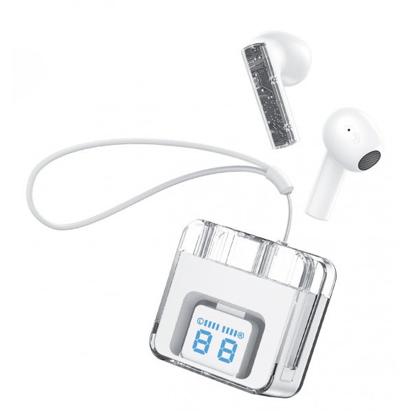 Wholesale Transparent Design Noise Reduction Semi-In-Ear Wireless Earphones With Digital Battery Display and Carrying Strap F08 for Universal Cell Phone And Bluetooth Device (White)