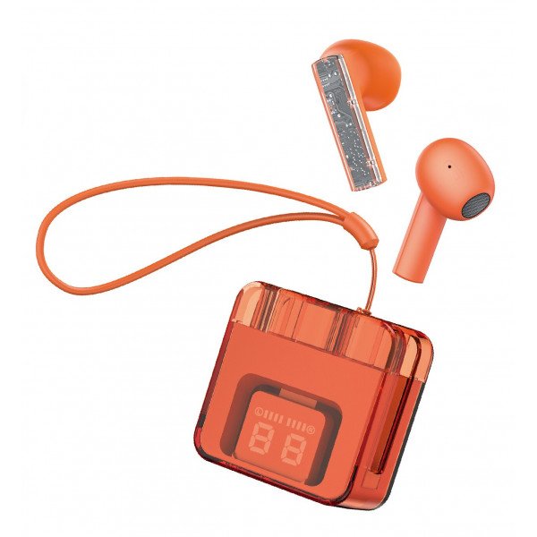 Wholesale Transparent Design Noise Reduction Semi-In-Ear Wireless Earphones With Digital Battery Display and Carrying Strap F08 for Universal Cell Phone And Bluetooth Device (Orange)