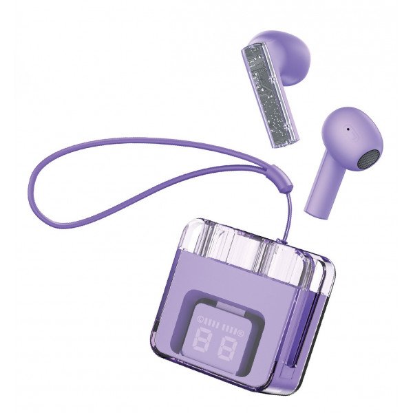 Wholesale Transparent Design Noise Reduction Semi-In-Ear Wireless Earphones With Digital Battery Display and Carrying Strap F08 for Universal Cell Phone And Bluetooth Device (Purple)