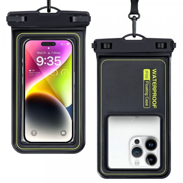 Wholesale Waterproof Floating Phone Pouch Case SIze XL with Lanyard – Clear Window, Snap Lock, Ideal for Water Photography (Black)
