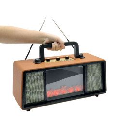 Flame Lamp Fireplace Design Portable Retro Solar Boombox Bluetooth Speaker, FM Radio & USB/MicroSD (Brown)