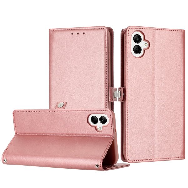 Wholesale Premium PU Leather Folio Wallet Front Cover Case with Card Holder Slots and Wrist Strap for Samsung Galaxy A05 (Rose Gold)