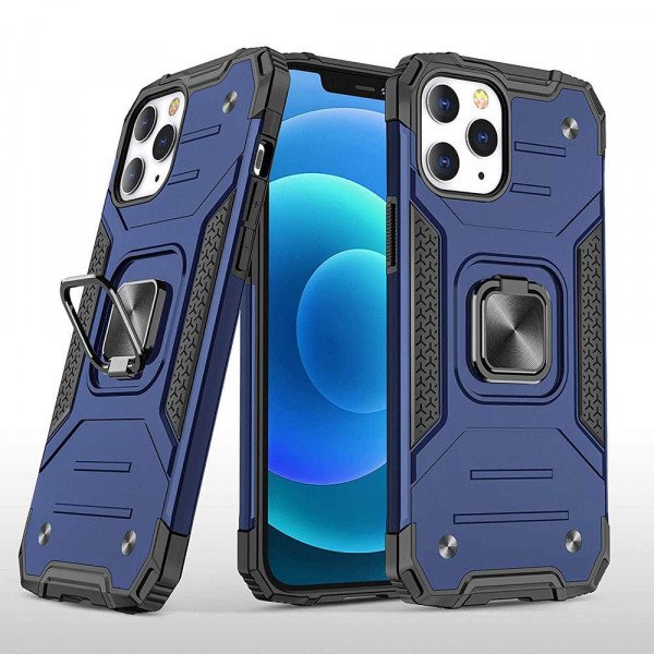 Wholesale Armor Hybrid Double Layer Rotating Square Ring Holder Kickstand Magnetic Car Mount Plate Armor Case for Apple iPhone 11 [6.1] (Navy Blue)