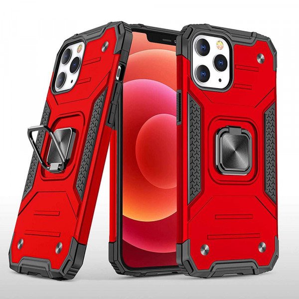 Wholesale Armor Hybrid Double Layer Rotating Square Ring Holder Kickstand Magnetic Car Mount Plate Armor Case for Apple iPhone 11 [6.1] (Red)