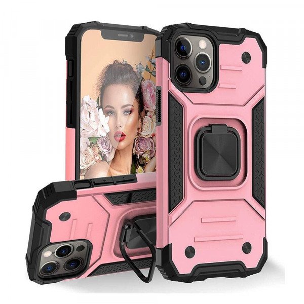 Wholesale Armor Hybrid Double Layer Rotating Square Ring Holder Kickstand Magnetic Car Mount Plate Armor Case for Apple iPhone 11 [6.1] (Rose Gold)