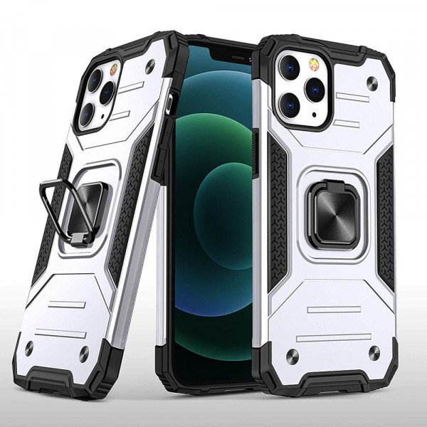 Wholesale Armor Hybrid Double Layer Rotating Square Ring Holder Kickstand Magnetic Car Mount Plate Armor Case for Apple iPhone 11 [6.1] (Silver)