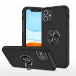 Glossy Dual Layer Armor Hybrid Stand Metal Plate Flat Ring Case for Apple iPhone 11 [6.1] (Black)