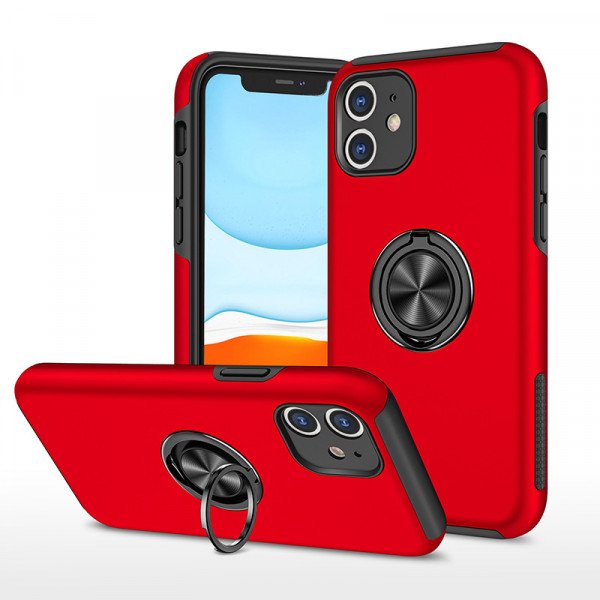 Wholesale Glossy Dual Layer Armor Hybrid Stand Metal Plate Flat Ring Case for Apple iPhone 11 [6.1] (Red)