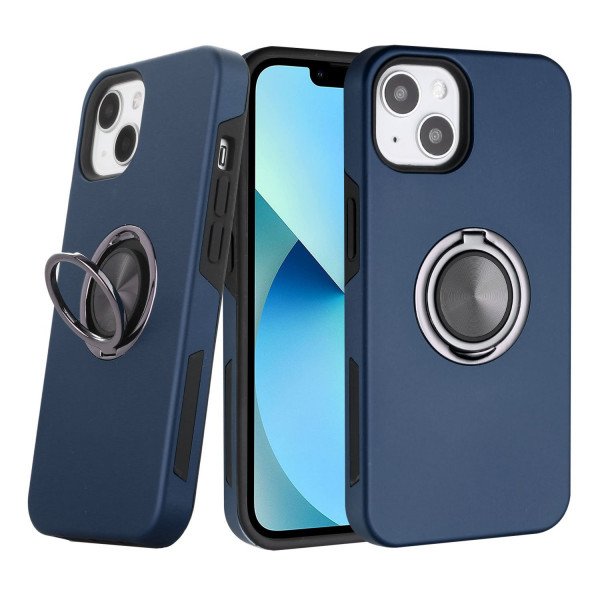 Wholesale Glossy Dual Layer Armor Hybrid Stand Metal Plate Flat Ring Case for Apple iPhone 13 [6.1] (Navy Blue)