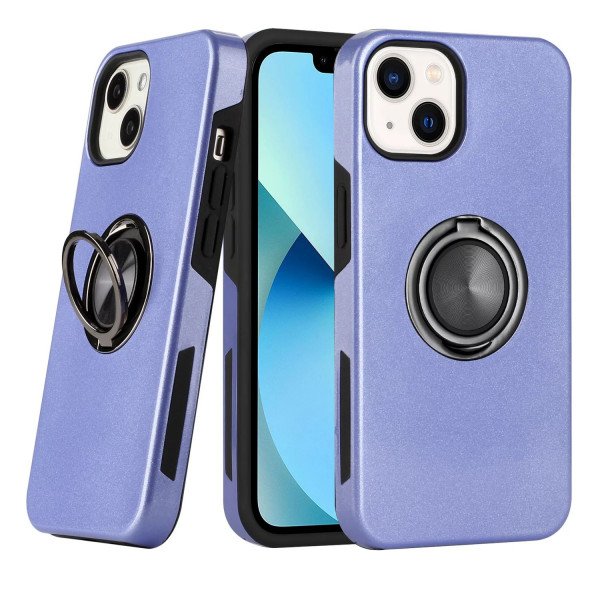 Wholesale Glossy Dual Layer Armor Hybrid Stand Metal Plate Flat Ring Case for Apple iPhone 13 [6.1] (Purple)