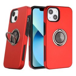 Glossy Dual Layer Armor Hybrid Stand Metal Plate Flat Ring Case for Apple iPhone 13 [6.1] (Red)