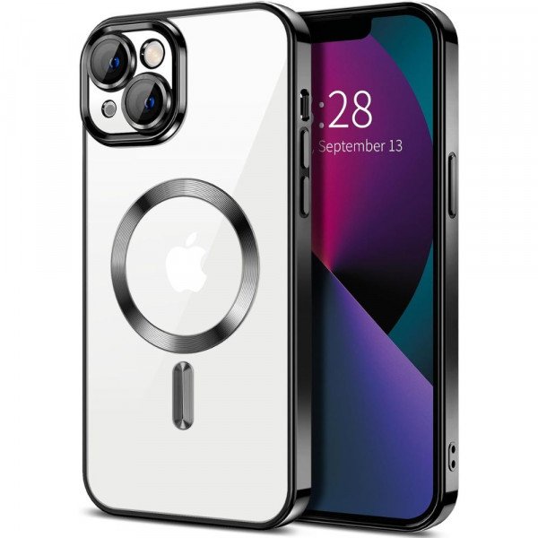 Wholesale Premium Chrome Design Transparent Magnetic Ring Case with Camera Protection for Apple iPhone 13 [6.1] (Black)