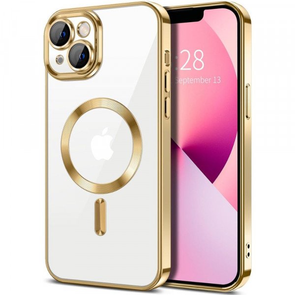 Wholesale Premium Chrome Design Transparent Magnetic Ring Case with Camera Protection for Apple iPhone 13 [6.1] (Gold)