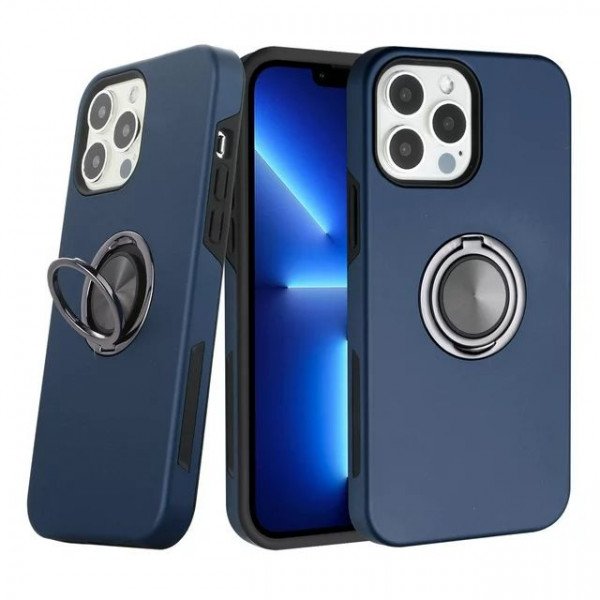 Wholesale Glossy Dual Layer Armor Hybrid Stand Metal Plate Flat Ring Case for Apple iPhone 12 Pro Max 6.7 (Navy Blue)