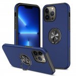 Wholesale Glossy Dual Layer Armor Hybrid Stand Metal Plate Flat Ring Case for Apple iPhone 14 [6.1] (Navy Blue)