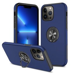 Glossy Dual Layer Armor Hybrid Stand Metal Plate Flat Ring Case for iPhone 14 Plus [6.7] (Navy Blue)
