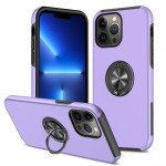 Wholesale Glossy Dual Layer Armor Hybrid Stand Metal Plate Flat Ring Case for iPhone 14 [6.1] (Purple)