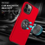 Wholesale Glossy Dual Layer Armor Hybrid Stand Metal Plate Flat Ring Case for iPhone 14 [6.1] (Red)