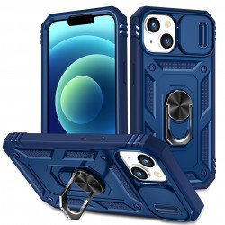 Heavy Duty Tech Armor Ring Stand Lens Cover Grip Case with Metal Plate for iPhone 14 [6.1] (Navy Blue)