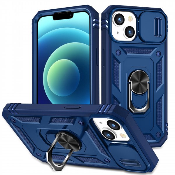 Wholesale Heavy Duty Tech Armor Ring Stand Lens Cover Grip Case with Metal Plate for iPhone 14 [6.1] (Navy Blue)