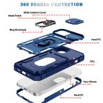 Wholesale Heavy Duty Tech Armor Ring Stand Lens Cover Grip Case with Metal Plate for iPhone 14 [6.1] (Navy Blue)