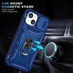 Wholesale Heavy Duty Tech Armor Ring Stand Lens Cover Grip Case with Metal Plate for Apple iPhone 14 [6.1] (Navy Blue)