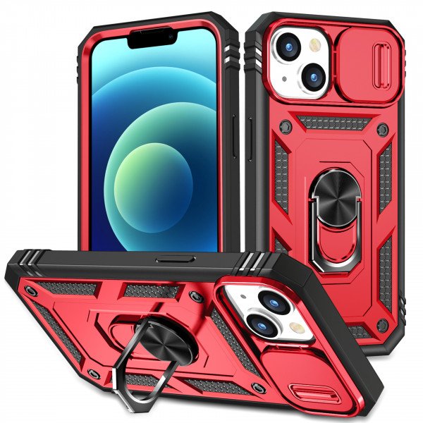 Wholesale Heavy Duty Tech Armor Ring Stand Lens Cover Grip Case with Metal Plate for iPhone 14 [6.1] (Red)