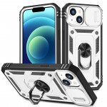 Wholesale Heavy Duty Tech Armor Ring Stand Lens Cover Grip Case with Metal Plate for iPhone 14 [6.1] (White)