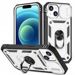 Heavy Duty Tech Armor Ring Stand Lens Cover Grip Case with Metal Plate for iPhone 14 [6.1] (White)