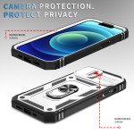 Wholesale Heavy Duty Tech Armor Ring Stand Lens Cover Grip Case with Metal Plate for iPhone 14 [6.1] (White)